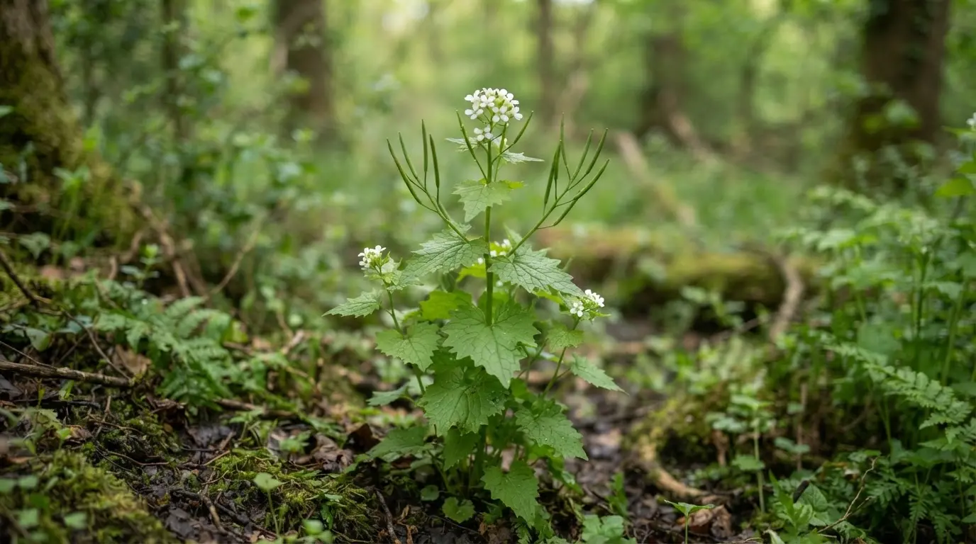 Wild garlic mustard plant with heart-shaped leaves, white four-petaled flowers, and slender seed pods in a shady woodland